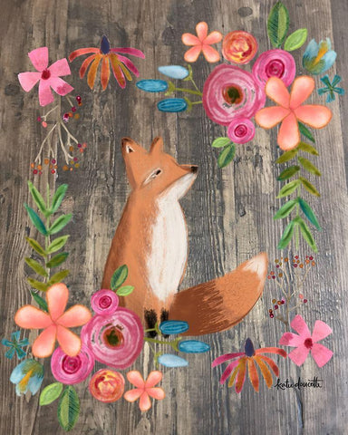 Floral Fox on Wood Black Ornate Wood Framed Art Print with Double Matting by Doucette, Katie