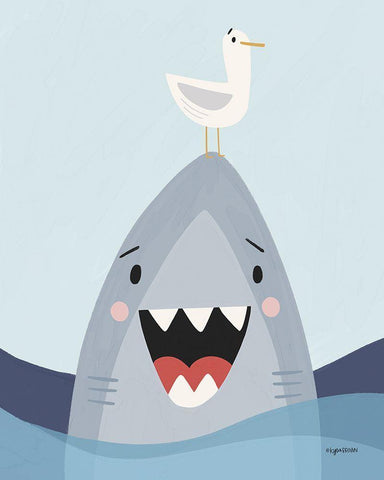 Happy Shark White Modern Wood Framed Art Print with Double Matting by Brown, Kyra