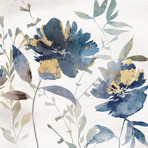 Blue Watercolor Florals II White Modern Wood Framed Art Print with Double Matting by Blue, Nina