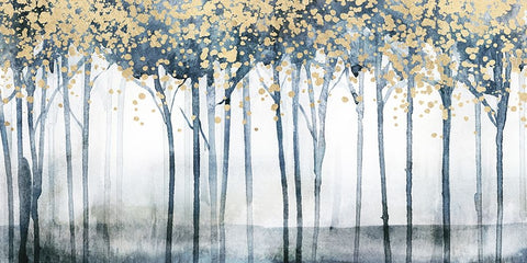 Golden Blue Trees II Black Modern Wood Framed Art Print by Blue, Nina