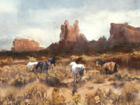Desert Horses White Modern Wood Framed Art Print with Double Matting by Blue, Nina
