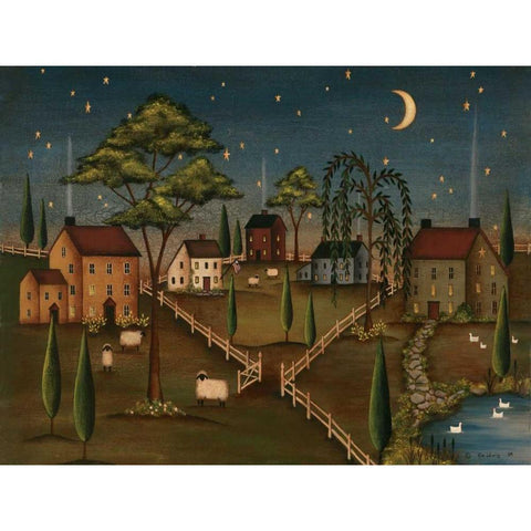 Village Night Gold Ornate Wood Framed Art Print with Double Matting by Lewis, Kim