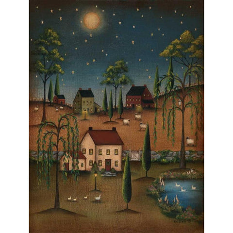 Village Full Moon Black Modern Wood Framed Art Print with Double Matting by Lewis, Kim