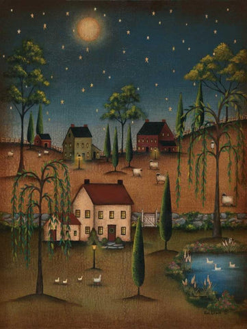 Village Full Moon Black Ornate Wood Framed Art Print with Double Matting by Lewis, Kim