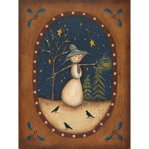 Snowman Lantern Gold Ornate Wood Framed Art Print with Double Matting by Lewis, Kim