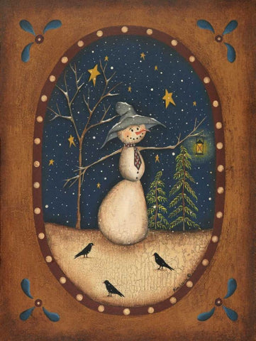 Snowman Lantern Black Ornate Wood Framed Art Print with Double Matting by Lewis, Kim