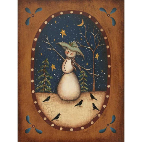 Snowman with Crow White Modern Wood Framed Art Print by Lewis, Kim