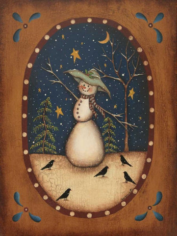 Snowman with Crow White Modern Wood Framed Art Print with Double Matting by Lewis, Kim