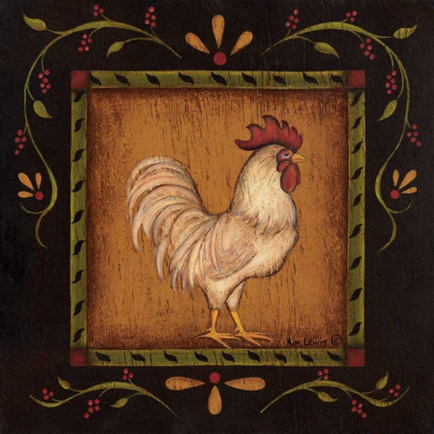 Square Rooster Right White Modern Wood Framed Art Print with Double Matting by Lewis, Kim