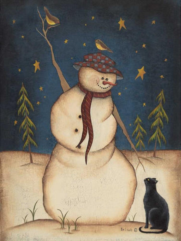 Snowman with Black Cat Black Ornate Wood Framed Art Print with Double Matting by Lewis, Kim