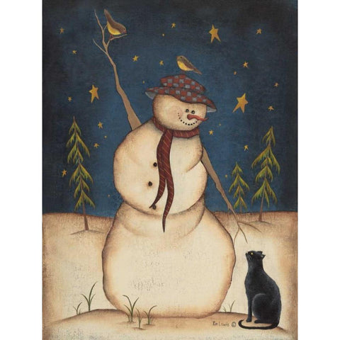 Snowman with Black Cat Black Modern Wood Framed Art Print with Double Matting by Lewis, Kim