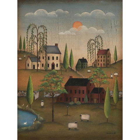 Village with Sheep Black Modern Wood Framed Art Print with Double Matting by Lewis, Kim