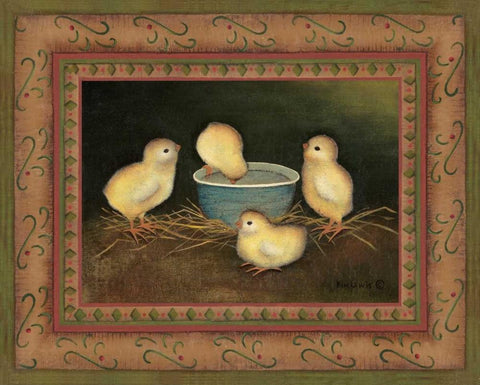 Chicks with Water Black Ornate Wood Framed Art Print with Double Matting by Lewis, Kim