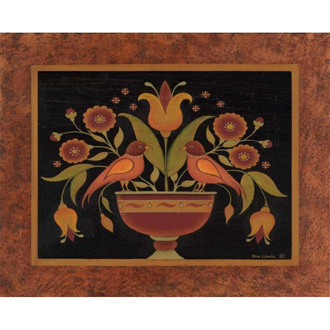 Floral with Birds Gold Ornate Wood Framed Art Print with Double Matting by Lewis, Kim