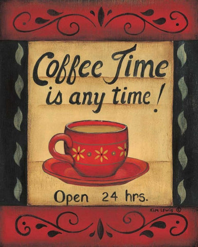 Coffee Time is Any Time Black Ornate Wood Framed Art Print with Double Matting by Lewis, Kim