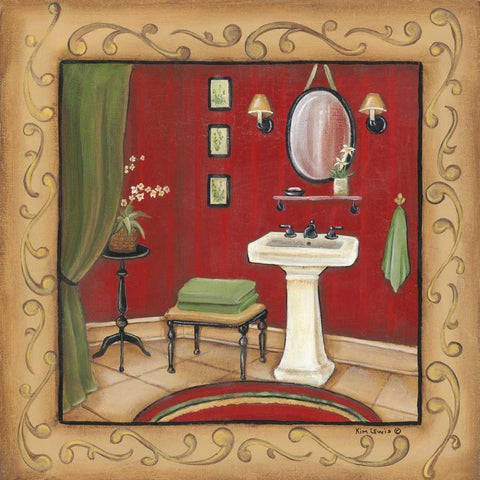 Red Bathroom Sink Black Ornate Wood Framed Art Print with Double Matting by Lewis, Kim