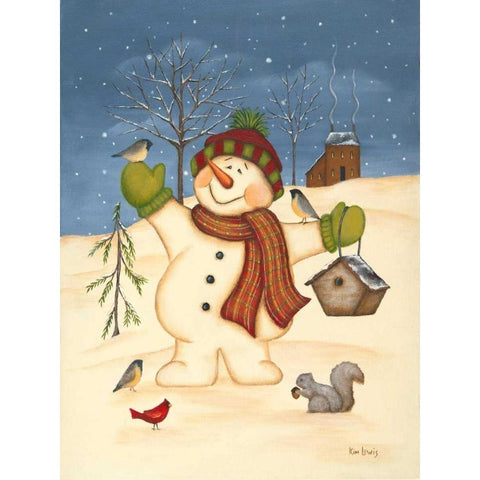 Snowman Bird House   White Modern Wood Framed Art Print by Lewis, Kim