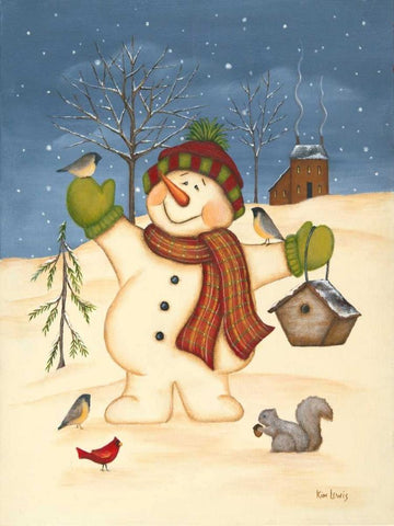 Snowman Bird House   White Modern Wood Framed Art Print with Double Matting by Lewis, Kim