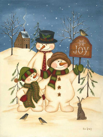 Snowman Family Joy Black Ornate Wood Framed Art Print with Double Matting by Lewis, Kim