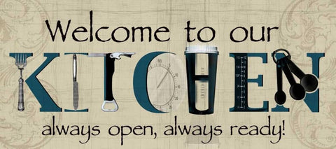 Welcome to Our Kitchen Black Ornate Wood Framed Art Print with Double Matting by Wolk, Lisa