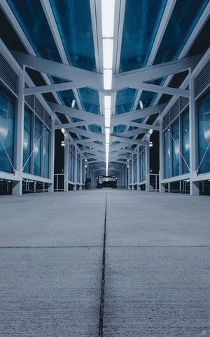 Blue Concrete Walkway Black Ornate Wood Framed Art Print with Double Matting by Lee, Judson