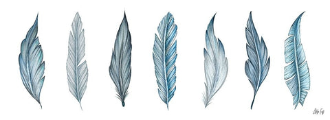 Teal Feathers White Modern Wood Framed Art Print with Double Matting by Fay, Mela