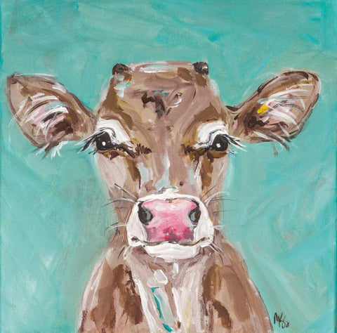 Pink Nosed Cow White Modern Wood Framed Art Print with Double Matting by Strong, Molly Susan