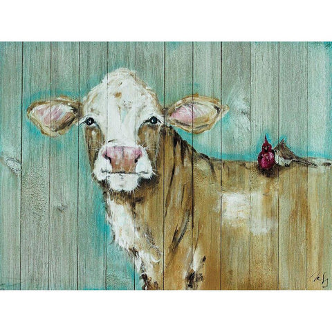 Cow and Bird Pals White Modern Wood Framed Art Print by Strong, Molly Susan