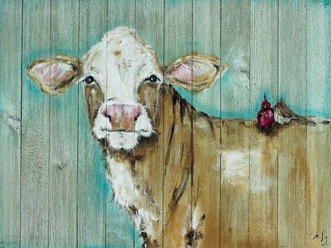 Cow and Bird Pals Black Ornate Wood Framed Art Print with Double Matting by Strong, Molly Susan