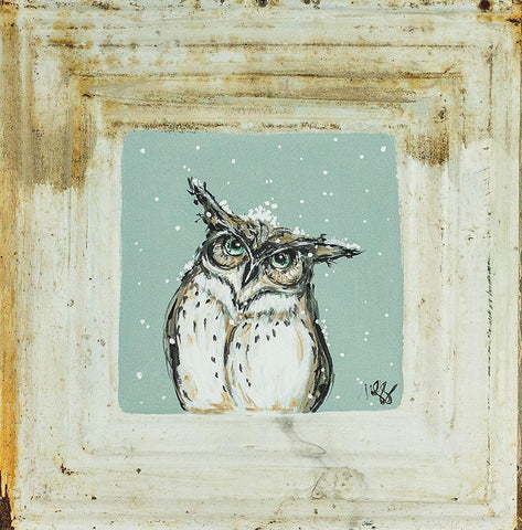 Owl in Snow Black Ornate Wood Framed Art Print with Double Matting by Strong, Molly Susan