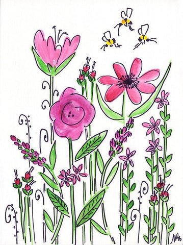 Pink Flowers Black Ornate Wood Framed Art Print with Double Matting by Strong, Molly Susan