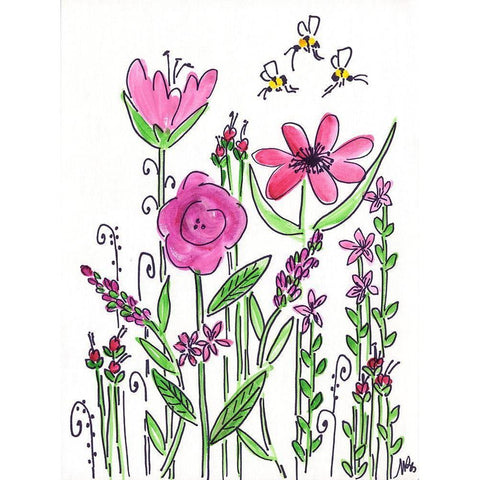 Pink Flowers Black Modern Wood Framed Art Print by Strong, Molly Susan