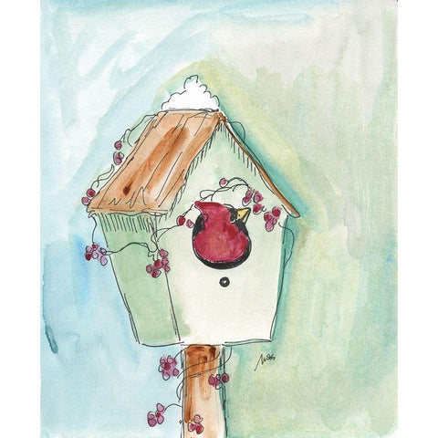 Birdhouse Cardinal Black Modern Wood Framed Art Print with Double Matting by Strong, Molly Susan