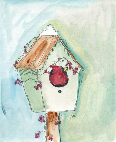 Birdhouse Cardinal White Modern Wood Framed Art Print with Double Matting by Strong, Molly Susan