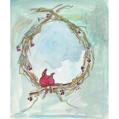 Cardinal Wreath Gold Ornate Wood Framed Art Print with Double Matting by Strong, Molly Susan