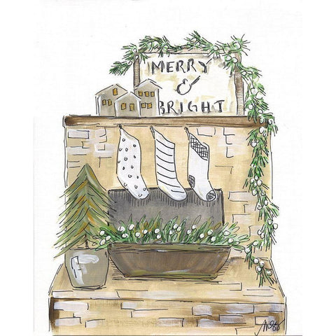 Merry and Bright Fireplace White Modern Wood Framed Art Print by Strong, Molly Susan