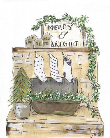 Merry and Bright Fireplace Black Ornate Wood Framed Art Print with Double Matting by Strong, Molly Susan