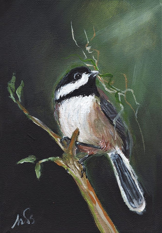 Chickadee White Modern Wood Framed Art Print with Double Matting by Strong, Molly Susan