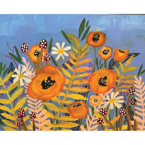 Floral on Blue Black Modern Wood Framed Art Print with Double Matting by Rupp, Mariah