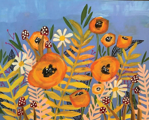 Floral on Blue Black Ornate Wood Framed Art Print with Double Matting by Rupp, Mariah