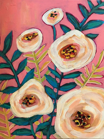 White Flowers on Pink White Modern Wood Framed Art Print with Double Matting by Rupp, Mariah