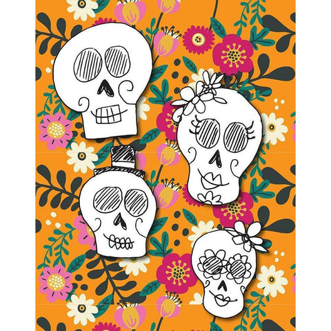 Sugar Skulls in Orange Gold Ornate Wood Framed Art Print with Double Matting by Rupp, Mariah