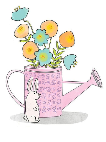 Bunny Watering Can Black Ornate Wood Framed Art Print with Double Matting by Rupp, Mariah