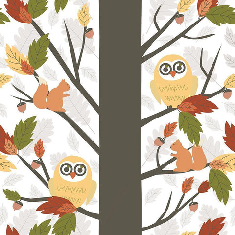 Fall Owls in a Tree White Modern Wood Framed Art Print by ND Art and Design