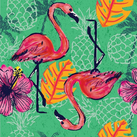 Tropical Flamingo Pattern Gold Ornate Wood Framed Art Print with Double Matting by ND Art and Design