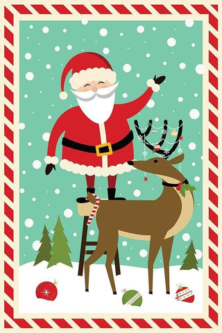 Santa and Reindeer White Modern Wood Framed Art Print with Double Matting by ND Art
