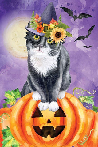 Halloween Cat Black Ornate Wood Framed Art Print with Double Matting by ND Art