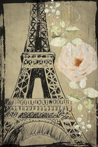 Eiffel Tower Black Ornate Wood Framed Art Print with Double Matting by ND Art