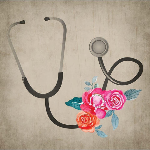 Stethoscope Flowers Gold Ornate Wood Framed Art Print with Double Matting by ND Art