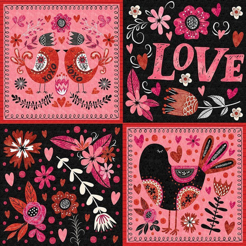 Love Birds Pattern II Black Modern Wood Framed Art Print by ND Art
